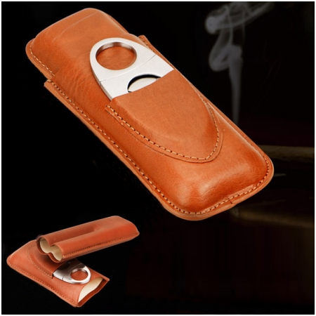 Set bao da Cigar (xì gà), dao cắt Cigar Cohiba chất liệu da loại 2 điếu chính hãng - Mã SP: CP108
